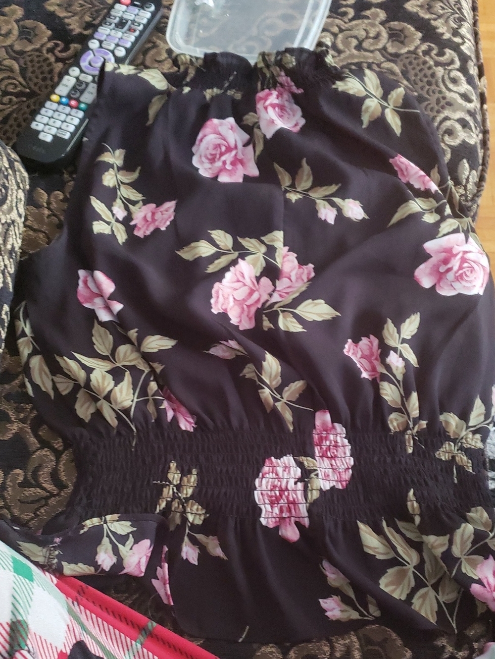 Revamped Black Floral Smocked Waist Camisole with Pink Roses